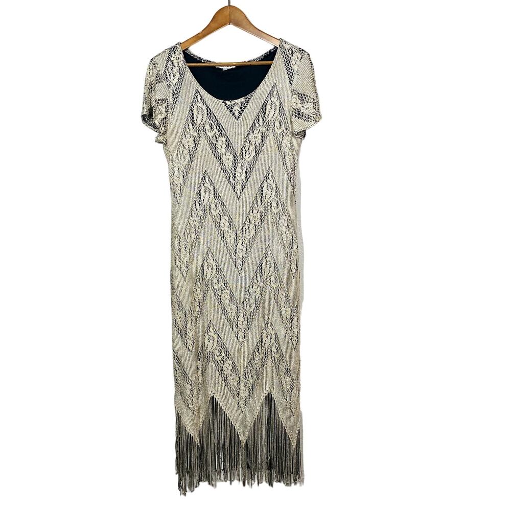 HARLOW Petite Knit Flapper Dress Cap Sleeve Fringe Gold Scoop Neck - P2